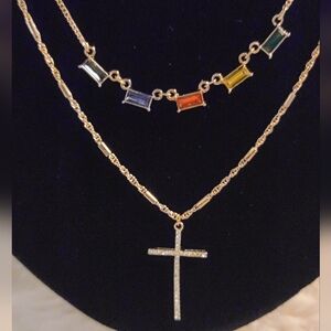 Gold-tone Layered Cross Pendant Necklace with Multicolor Baguette Accent